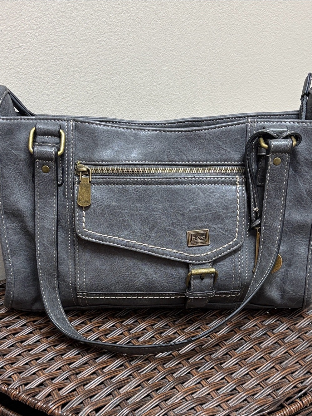 b.o.c. Gray Faux Leather Shoulder Bag with Front Zip Pocket